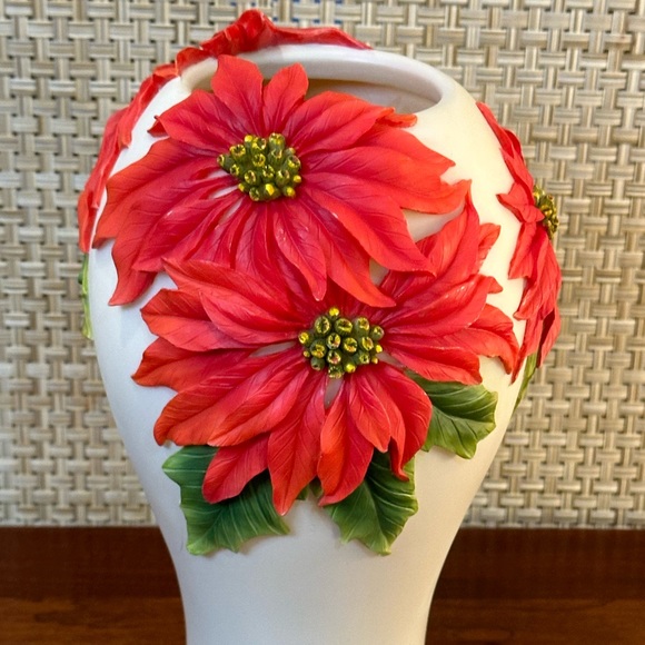 🎄🌟2xHP🌟VTG 2000s Poinsettia Bonded Marble Table Vase Hand-Painted Ibis & Orchid - Picture 2 of 12